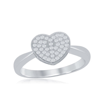 Sterling Silver Shiny Band w/Micro Pave Heart Ring