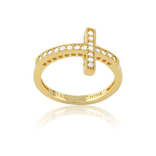 Sterling Silver CZ Sideways Cross Ring - Gold Plated