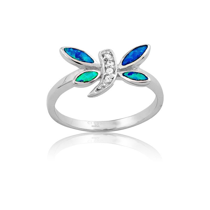 Sterling Silver CZ and Blue Opal Dragonfly Ring