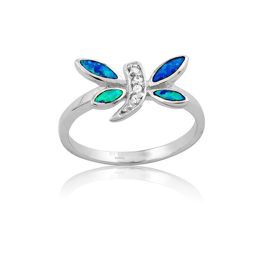 Sterling Silver CZ and Blue Opal Dragonfly Ring