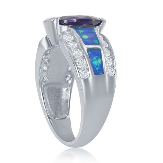 Sterling Silver Cubic Zirconia, Blue Opal with Large Center Amy CZ Ring