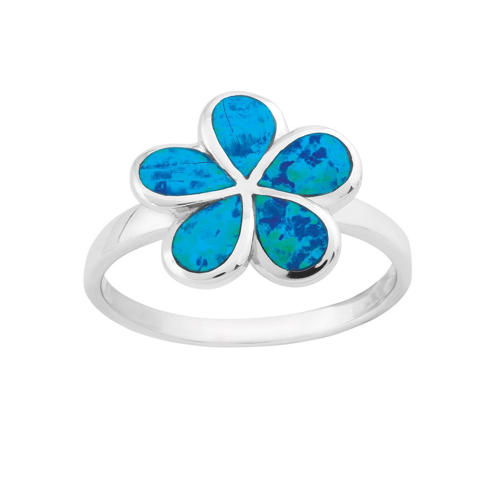 Sterling Silver Blue Inlay Opal Flower Ring