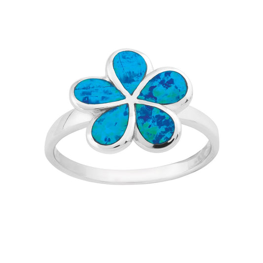 Sterling Silver Blue Inlay Opal Flower Ring