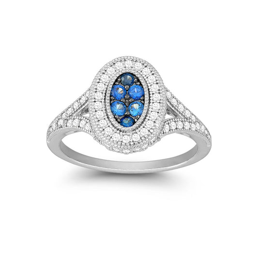 Sterling Silver Oval Micro Pave CZ Ring - Sapphire