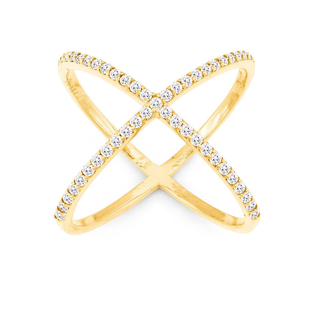 Sterling Silver CZ X Style Ring - Gold Plated