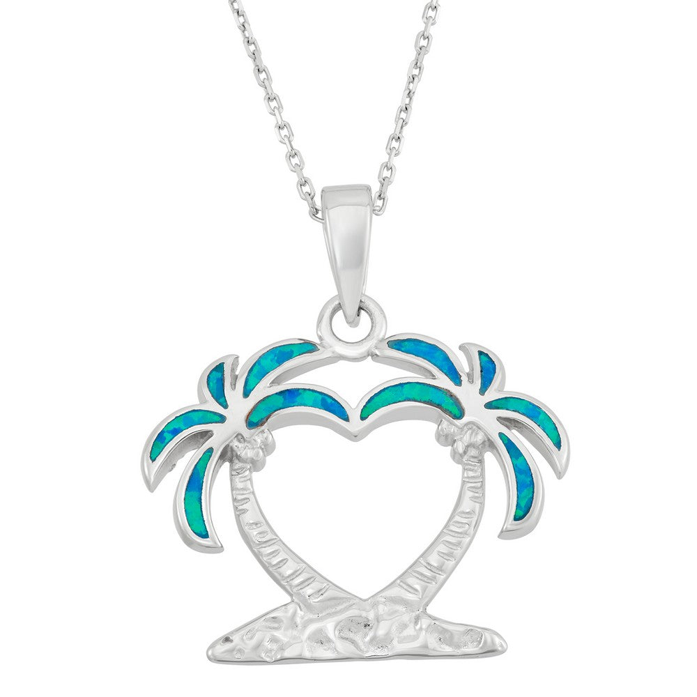 Sterling Silver, Blue Inaly Opal Two Palm Trees Heart Pendant