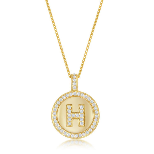 Sterling Silver Micro Pave Circle "H" Pendant W/ Chain - Gold Plated