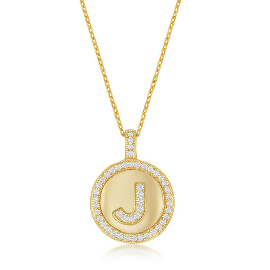 Sterling Silver Micro Pave Circle "J" Pendant W/ Chain - Gold Plated