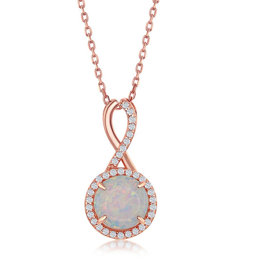 Sterling Silver Infinity Design Round White Opal with CZ Halo Pendant - Rose Gold Plated