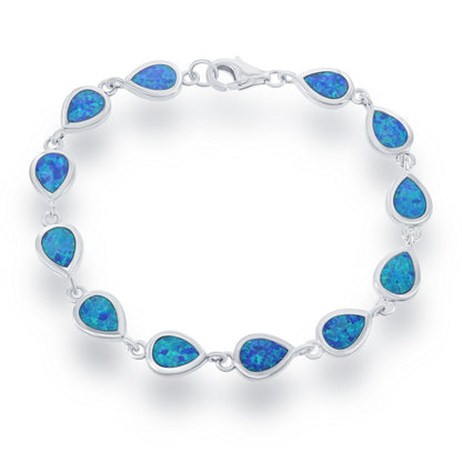 Sterling Silver, Small Blue Inlay Opal Teardrop Link Bracelet