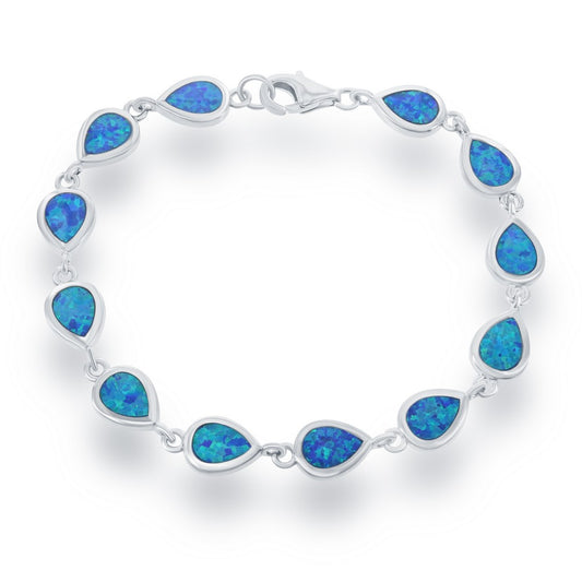Sterling Silver, Small Blue Inlay Opal Teardrop Link Bracelet