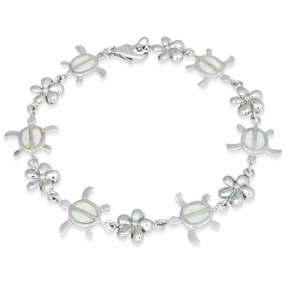 Sterling Silver White Inlay Opal Alternating Flower and Tortoise Link Bracelet